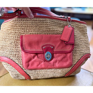 Coach Straw & Leather Shoulder Bag One Size Beige Coral